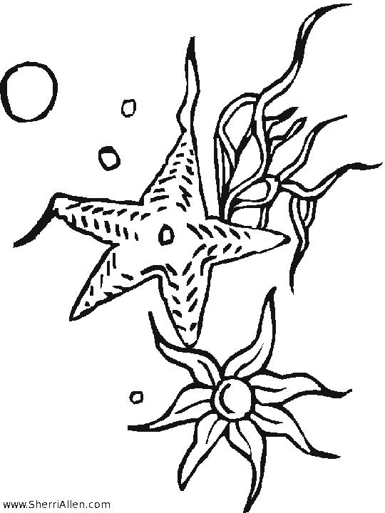 Starfish Scene - Color the starfish. Sea Stars and Anemones Coloring Page 