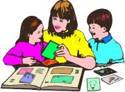 mother making a family scrapbook journal with children