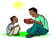 father and son reading story